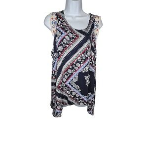 EST. 1946 Plus 18/20W Boho Sleeveless Tank Top‎ Navy Floral Paisley Crochet Trim